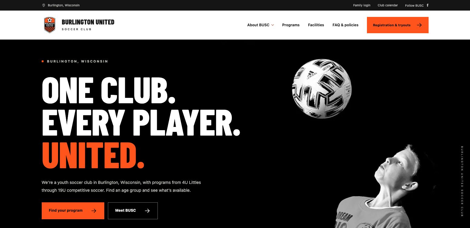 The Burlington United SC homepage, the first website built by Matchday Foundry.