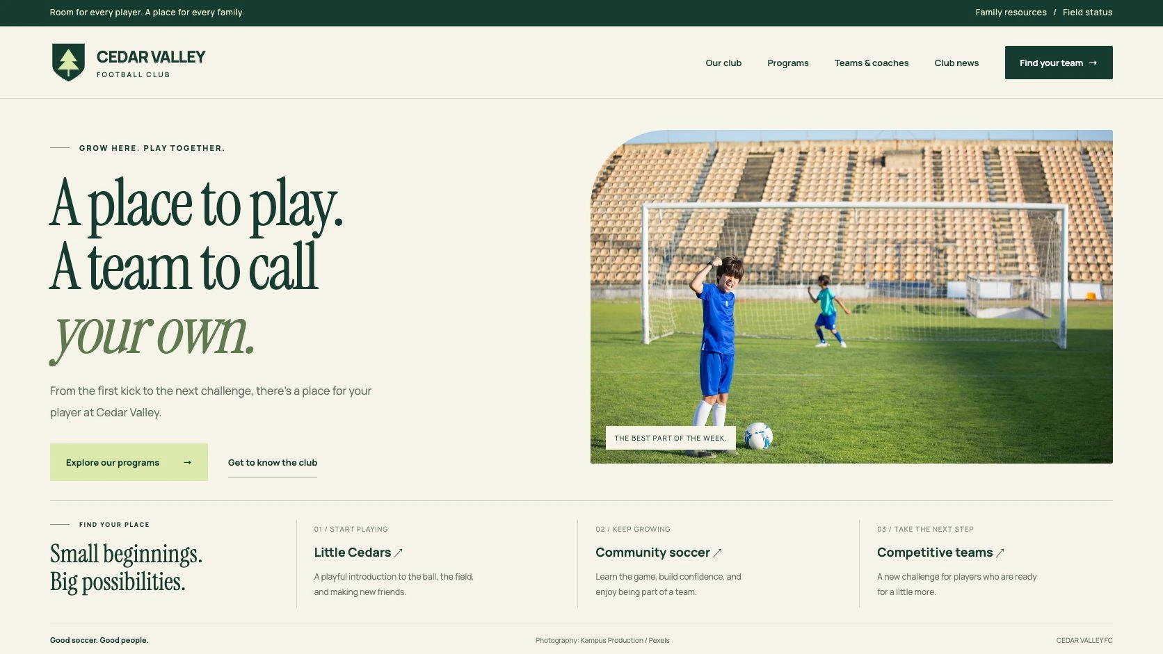 Cedar Valley FC website in forest green and cream.