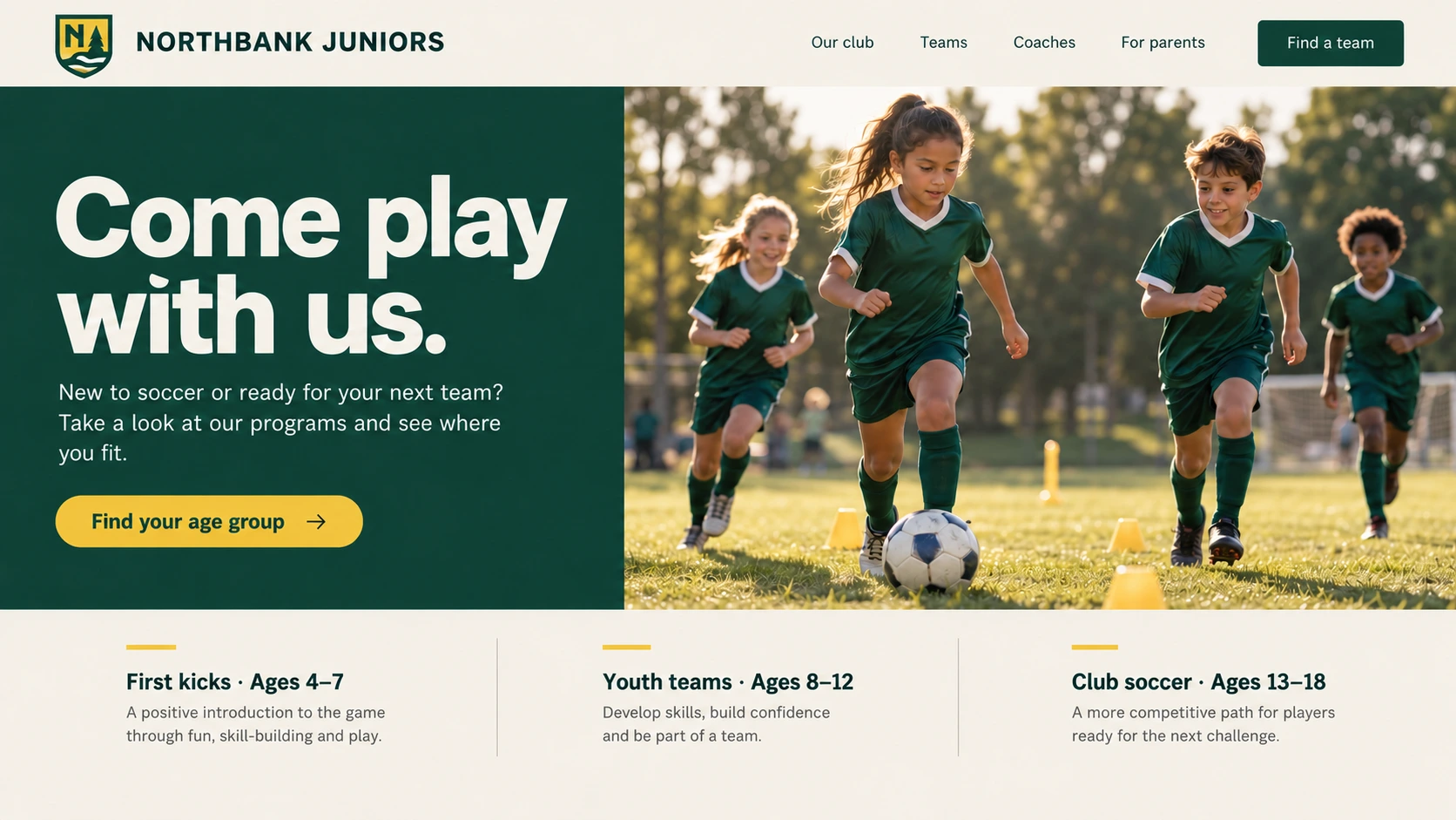 Northbank Juniors website, with forest green and yellow colors and youth soccer photography.