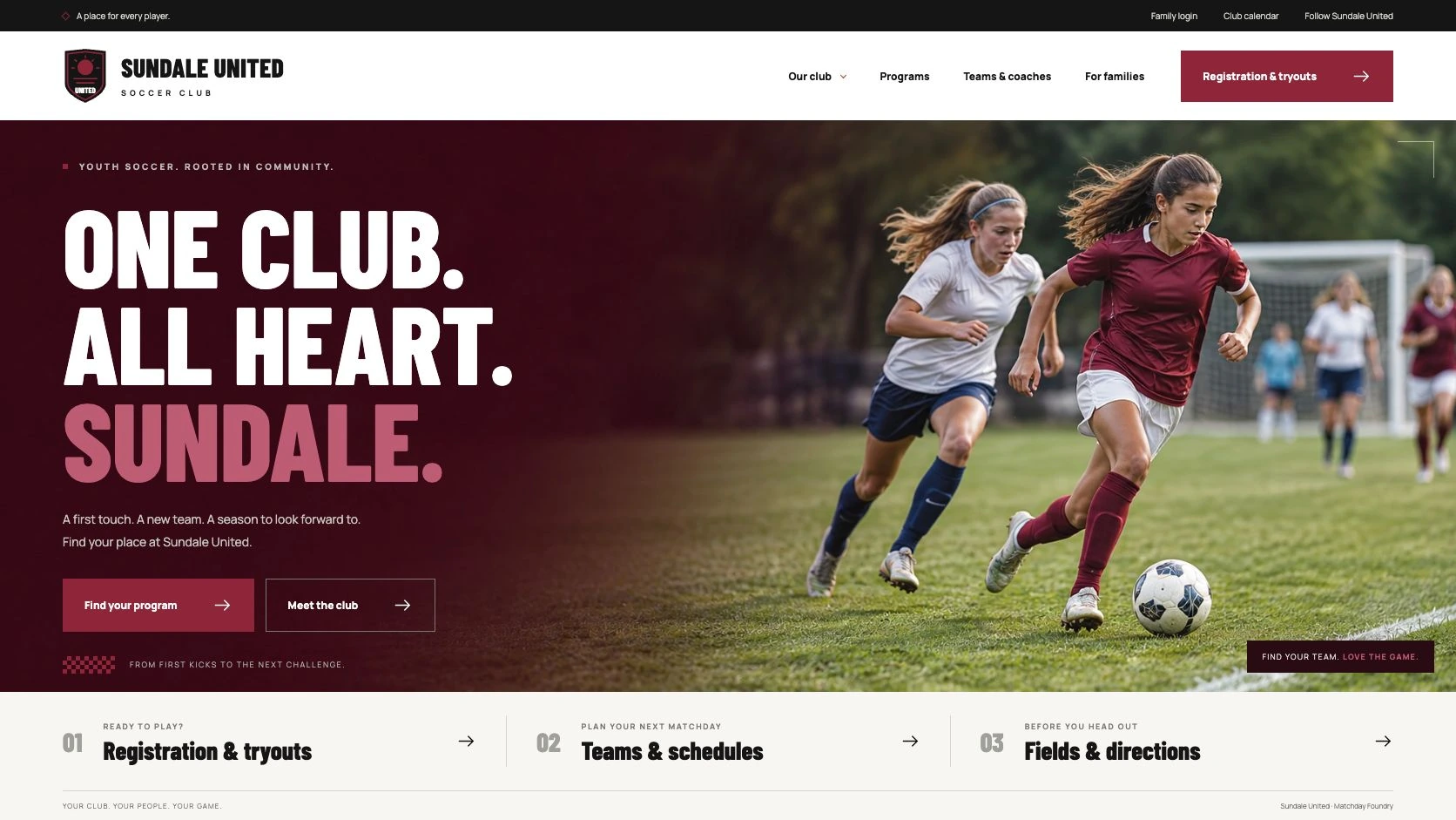 Sundale United website with burgundy accents, bold condensed headings, and an in-game action photo with full-color players against a burgundy-blended background.